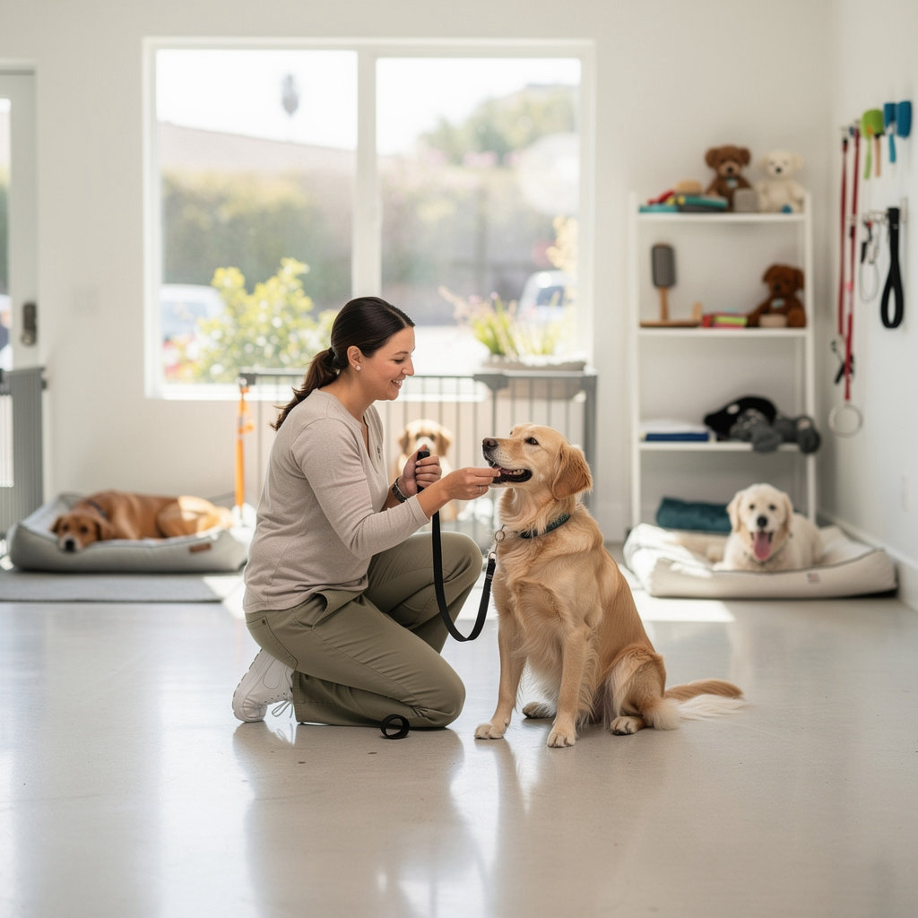 Loose Pooch Dog Club team members interacting with happy dogs in our Santa Barbara daycare and training center