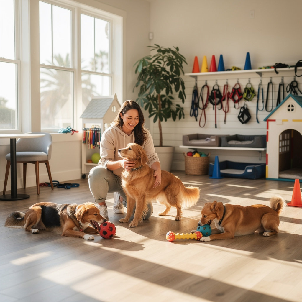 Loose Pooch Dog Club expert trainer working with a happy dog in our Santa Barbara daycare and training facility